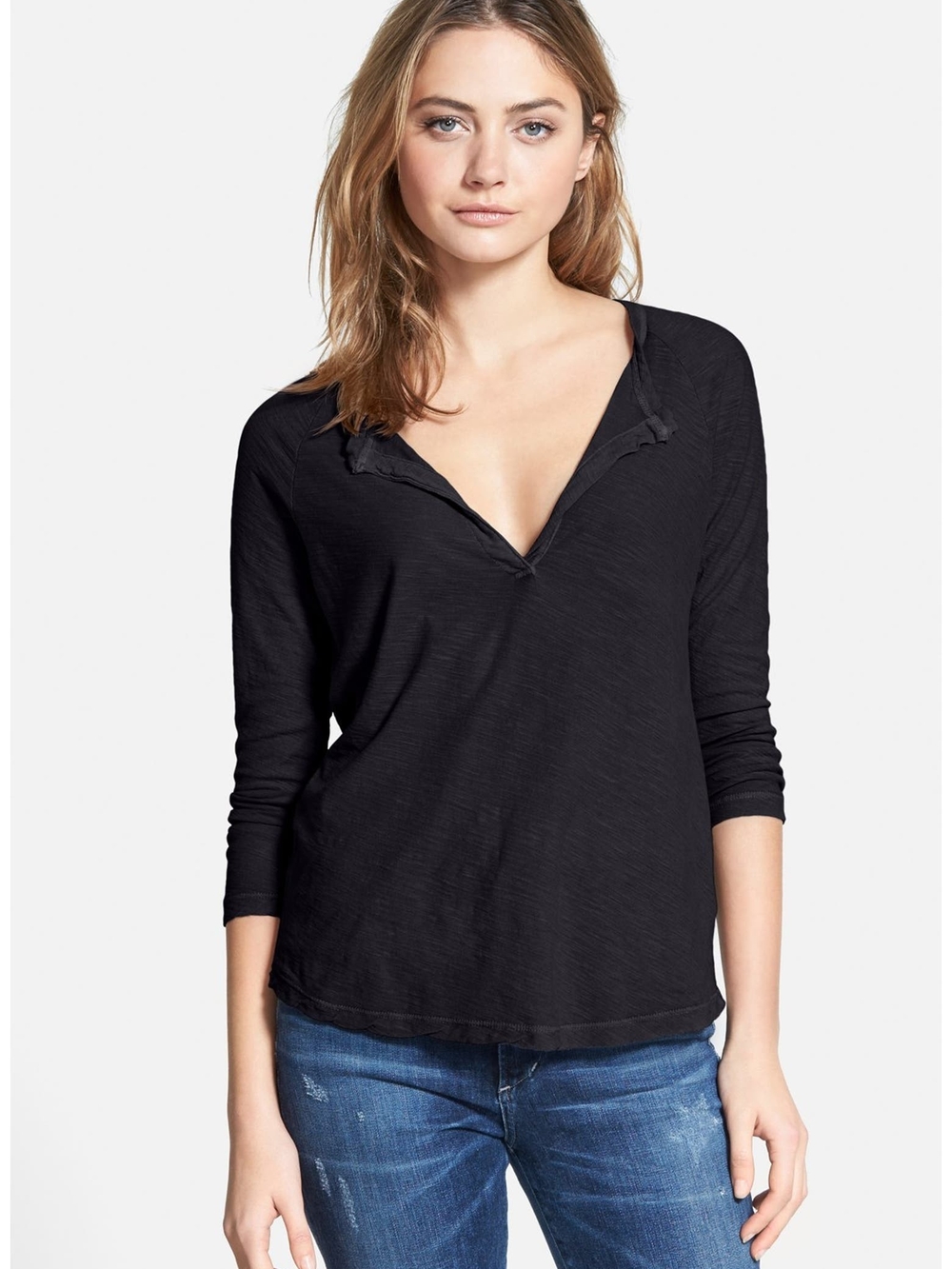 James Perse Black Open Henley Raglan Long-Sleeve V-Neck Top 0 Xsmall